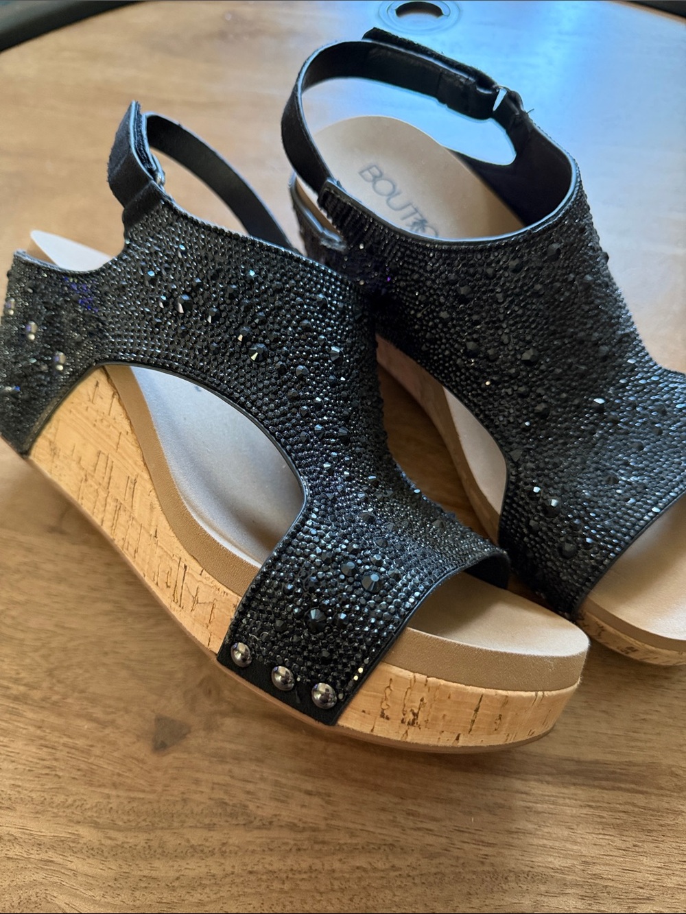Boutique Corkys Black Crystal Slingback Cork Wedge Studded Sandals